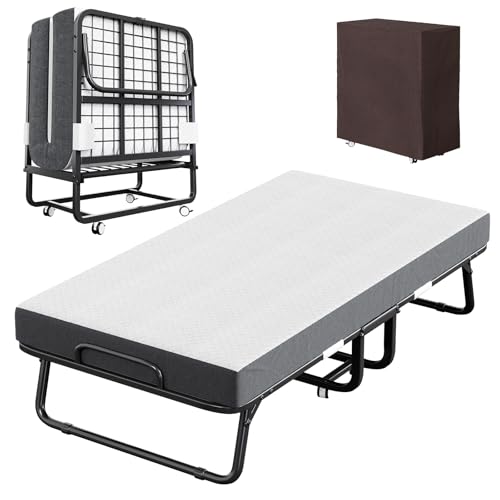 CAIYUN Folding Bed with Mattress and Storage Cover - 75"x38" Twin Size Frame, Portable Rollaway Guest Bed with 5-inch Memory Foam Mattress, Space-Saving Foldable Design for Easy Storage - size: 38x75 INCH