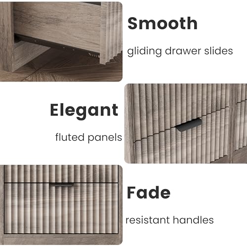 Fluted Nightstand Set of 2, LED Nightstand with Charging Station, Wood Nightstands with 2 Drawers & Metal Handles, Modern Bedside Table & End Tables, Farmhouse Night Stands for Bedroom, Grey - color: Grey, style: LED 2 Drawers-2 PCS