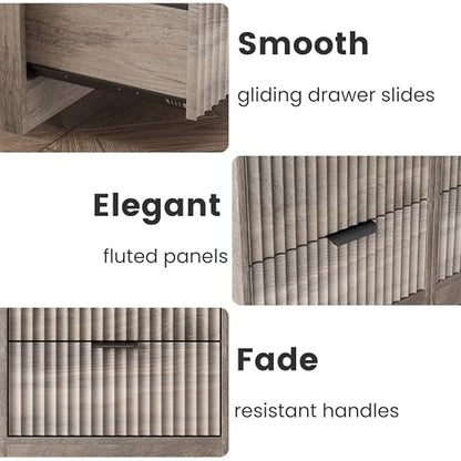 Fluted Nightstand Set of 2, LED Nightstand with Charging Station, Wood Nightstands with 2 Drawers & Metal Handles, Modern Bedside Table & End Tables, Farmhouse Night Stands for Bedroom, Grey - color: Grey, style: LED 2 Drawers-2 PCS
