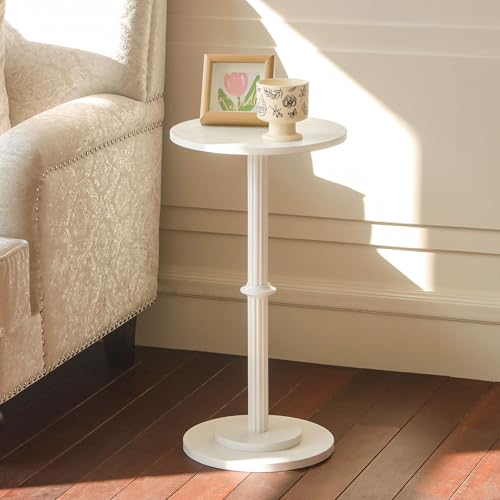 MaxSmeo Drink Table, Small Side Table for Small Spaces, Modern Round End Table with Fluted Wood Leg, White - color: White