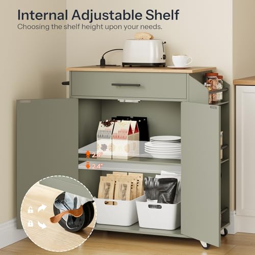 HOOBRO Kitchen Island with Power Outlet, Storage Island with Spice Rack and Drawer, Rolling Kitchen Cart on Wheels, for Home, Dining Room, Natural and Green JN82UZD01G1 - color: Natural + Green
