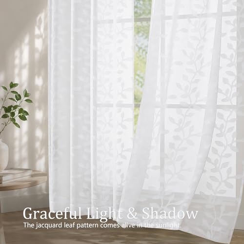 White Sheer Curtains 96 Inches Long - Jacquard Leaf Clip Textured Sheer Curtains for Living Room, Farmhouse Light Mitering Window Treatments Drapes with Rod Pocket, 2 Panels, 2x42Wx96L Inches - color: White, size: 42"W x 96"L (Pack of 2)