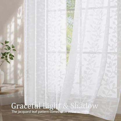 White Sheer Curtains 96 Inches Long - Jacquard Leaf Clip Textured Sheer Curtains for Living Room, Farmhouse Light Mitering Window Treatments Drapes with Rod Pocket, 2 Panels, 2x42Wx96L Inches - color: White, size: 42"W x 96"L (Pack of 2)