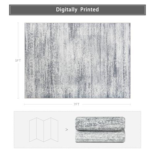 5x7 Washable Area Rugs for Living Room,Bedroom,Dining Room (Grey Cream) | Minimal,Ultra Soft Faux Wool,Kids & Pet Friendly,Machine Washable,Non-Slip & Non-Shedding,Large Low Pile Vintage Carpets - color: Grey-cream, size: 5' x 7' (Rectangular)