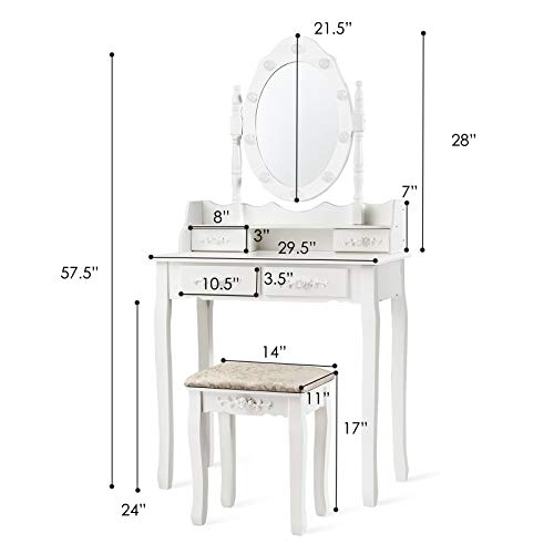 DORTALA Vanity Table Set w/ 10 LED Dimming Bulbs, Classic Makeup Dressing Table Set w/ 2 Large Drawers & 2 Tabletop Boxes, Stable Beauty Station, White
