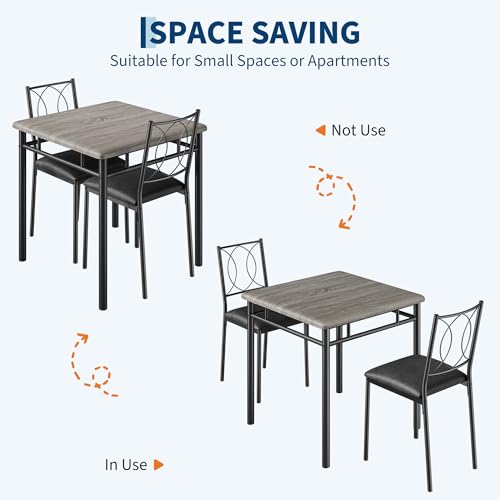 Space-Saving Dining Table Set for 2 – 3-Piece Farmhouse Wood Table & | Upholstered Chairs – Modern Compact Dining Furniture for Apartments & Breakfast Nooks – Grey - color: Grey