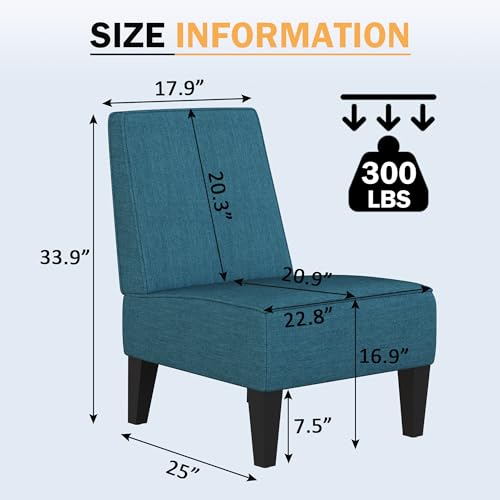 Armless Accent Chairs Set of 2, Blue Upholstered Linen Slipper Chair with Solid Wood Legs, Mid Century Modern Side Chairs for Small Living Room Bedroom Apartment Reading Nook - color: Blue