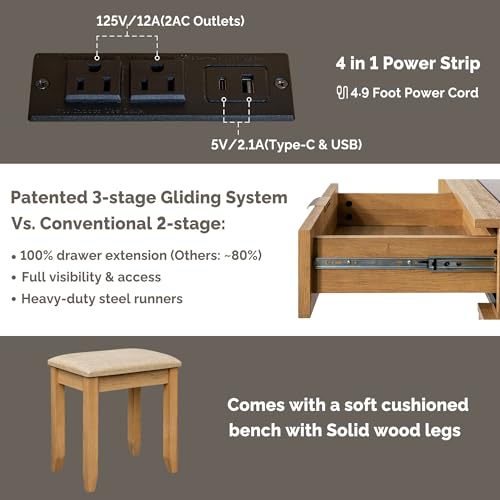 Vanity Desk with Stool, Mirror and Lights 3 Color, Makeup Vanity with Power Outlet, Dressing Table with Drawers, Storage Shelves, Adjustable Brightness, Naturel - color: Natural