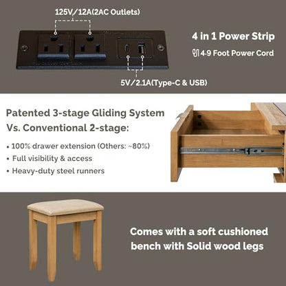 Vanity Desk with Stool, Mirror and Lights 3 Color, Makeup Vanity with Power Outlet, Dressing Table with Drawers, Storage Shelves, Adjustable Brightness, Naturel - color: Natural