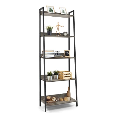 CAPHAUS 5 Tier Ladder Bookshelf, 24 Inch Width Free Standing Shelf, Bookcase Shelf Storage Rack Organizer, Industrial Book Shelves for Home Office, Living Room, Kitchen, Dark Grey, Vintage Shelves - color: Dark Grey, size: 5-Tier