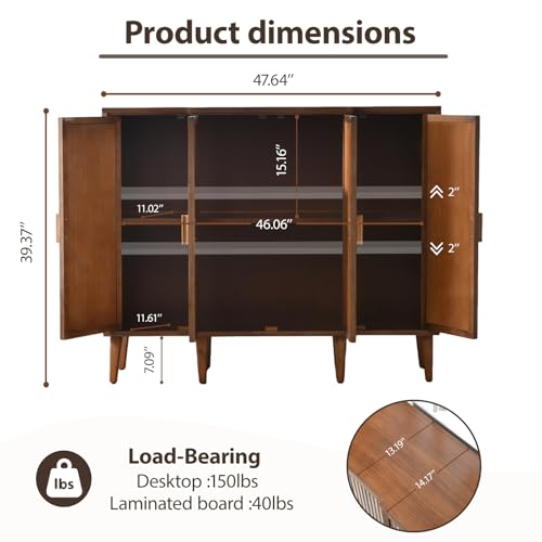 Ahokua 47.5" Fluted Sideboard Cabinet with Adjustable Shelves, Wood Storage Cabinet, Slim Buffet Cabinet for Dining Room, Entryway, Coffee Bar, Living Room, Walnut Brown