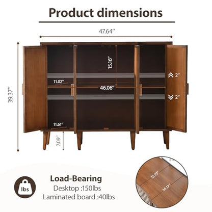 Ahokua 47.5" Fluted Sideboard Cabinet with Adjustable Shelves, Wood Storage Cabinet, Slim Buffet Cabinet for Dining Room, Entryway, Coffee Bar, Living Room, Walnut Brown