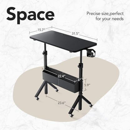 HUANUO Portable Standing Desk Adjustable Height, Mobile Stand Up Desk for Walking Pad and Treadmill, Rolling Computer Table with Wheels, 31.5"x15.75" Height 28.7"-46.1", Black - color: Black