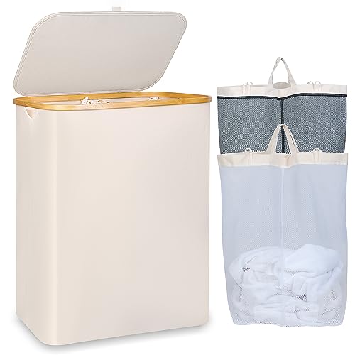 IEGrow Laundry Hamper with Lid,150L Laundry Basket with 2 Mesh Bags,Beige | Dirty Clothes Hamper Basket with Bamboo Handle for Clothes Towels - color: Beige, size: 150L