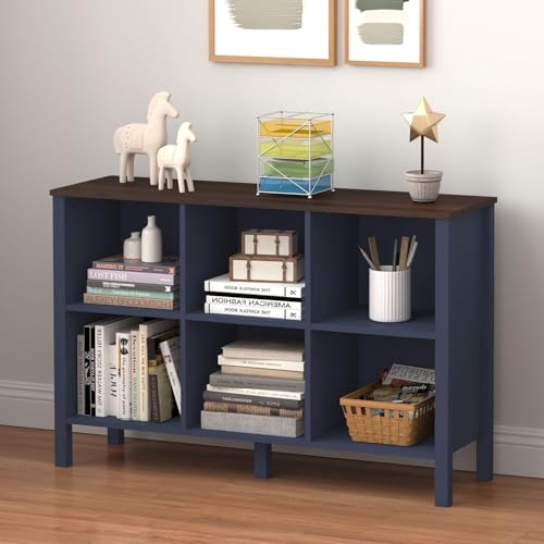 6-Cube Bookcase, Farmhouse Wooden Bookshelf Low Storage Organizer, 45" Horizontal White Console with Legs, Hallway Book Case for Entryway, Display Cabinet for Living Room (Navy Blue, 6-Cube) - color: Navy Blue, size: 6-Cube