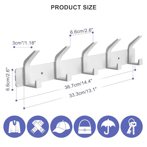 Coat Rack Wall Mounted,5 Coat Hooks for Hanging Coats,Heavy Duty Metal Double Hook Rack Hook Rail,Coat Rack with Hooks,Wall Mount Coat Hanger for Hat Towel Purse Robes,2Pack (White, 5 Hooks) - color: White2