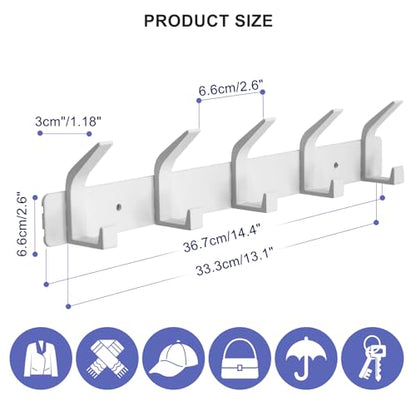 Coat Rack Wall Mounted,5 Coat Hooks for Hanging Coats,Heavy Duty Metal Double Hook Rack Hook Rail,Coat Rack with Hooks,Wall Mount Coat Hanger for Hat Towel Purse Robes,2Pack (White, 5 Hooks) - color: White2