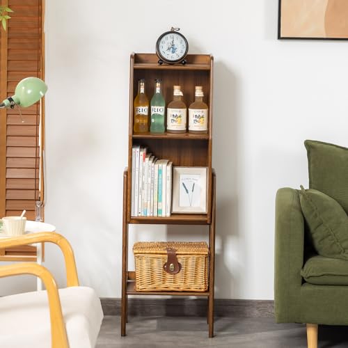 latifolia Bookshelf, 3-Tier Bamboo Bookcase with Bottom Storage Shelving, Narrow Corner Storage Organizer for Modern Living Spaces-Walnut - color: Walnut, size: 3 Tier
