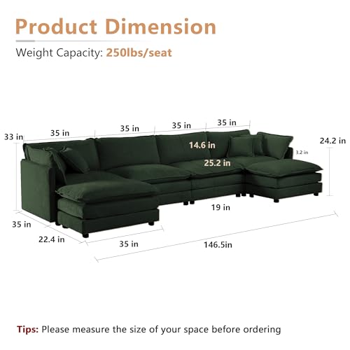 Modular Sectional Sofa, 146.5 Inch U Shaped Couch Set for Living Room, 4-Seater Comfy Cloud Couches with Two Movable Ottoman, DIY Combination, Chenille, Evergreen - color: Evergreen, size: 146.5 Inch- U
