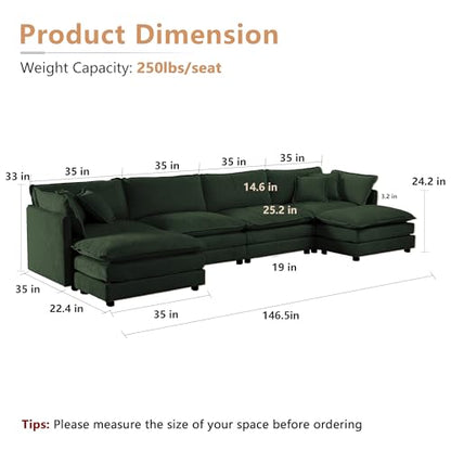 Modular Sectional Sofa, 146.5 Inch U Shaped Couch Set for Living Room, 4-Seater Comfy Cloud Couches with Two Movable Ottoman, DIY Combination, Chenille, Evergreen - color: Evergreen, size: 146.5 Inch- U