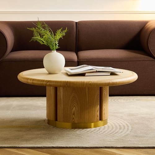 35.43" Round Coffee Table with Sintered Stone Tabletop & Cylindrical Stainless Base, Modern Circle Center Table Tea Table for Living Room, Easy Assembly - Natural - color: 35.43" Coffee Table With Sintered Tabletop, Natural