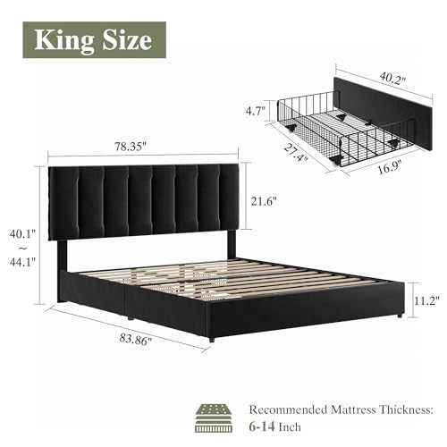 VECELO King Size Bed Frame with 4 Storage Drawers, Adjustable Height Headboard, Heavy-Duty Bedframe with Strong Wooden Slats, No Box Spring Needed, Black - color: Black, size: King, style: Bed Frame With Drawers