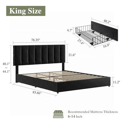 VECELO King Size Bed Frame with 4 Storage Drawers, Adjustable Height Headboard, Heavy-Duty Bedframe with Strong Wooden Slats, No Box Spring Needed, Black - color: Black, size: King, style: Bed Frame With Drawers