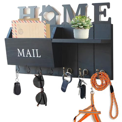 Rustic Wall Key Holder with Shelf & Hooks - Mail Organizer for Entryway | Wooden Key Rack for Keys, Coats, Dog Leash-Black - color: Black
