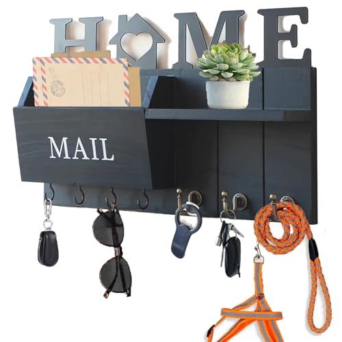 Rustic Wall Key Holder with Shelf & Hooks - Mail Organizer for Entryway | Wooden Key Rack for Keys, Coats, Dog Leash-Black - color: Black