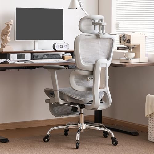 Office Chair with Footrest, Ergonomic Chair with Neck Pillow & Rubber Wheels, Computer Chair with Adjustable Backrest & 3D Armrests Headrest, Gaming Chair Adaptive Lumbar Support, Grey - color: Grey, style: Pro