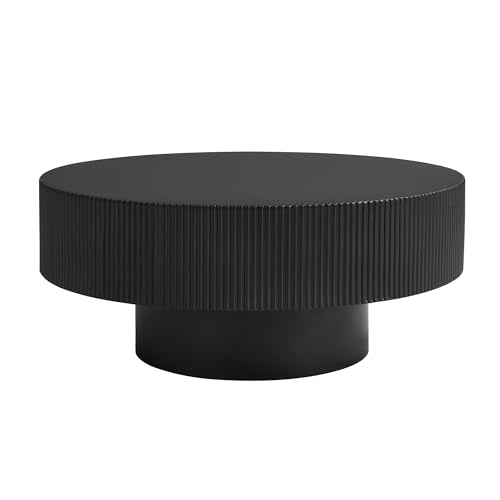 31.5" Black Round Coffee Table with 6.8" Thick Tabletop & Sturdy Base, Modern Drum Center Table Circle Accent Side Table for Living Room, Minimalist Fluted Design, Black - color: 31.5" Round Style 1, Black