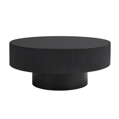 31.5" Black Round Coffee Table with 6.8" Thick Tabletop & Sturdy Base, Modern Drum Center Table Circle Accent Side Table for Living Room, Minimalist Fluted Design, Black - color: 31.5" Round Style 1, Black