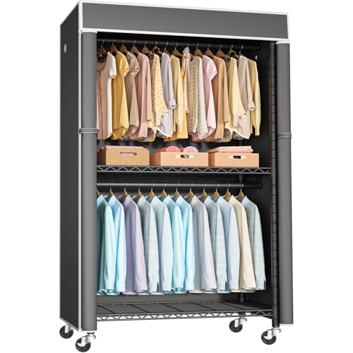 Black Clothing Rack with Dark Gray Cover, P1C Rolling Closets | Metal Garment Rack for Hanging Clothes, Clothing Storage Wardrobe, with Wheels - color: Black Rack With Dark Gray Cover