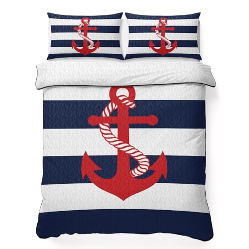 Nautical Anchor Navy Blue Quilt Set Full Size, Lightweight Summer Bedspread,Summer Ocean Coastal Style Soft Coverlet Bedding Set for All Season - 3 Pieces (1 Quilt,2 Pillow Shams) - color: Navy Blue Red, size: Full