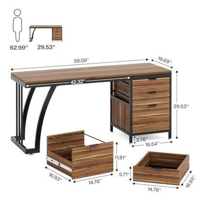 Tribesigns Computer Desk with 3 Drawers, 59-Inch PC Desk with Reversible Drawers, Industrial Study Writing Table Workstation with File Storage for Home Office, Walnut - color: Walnut