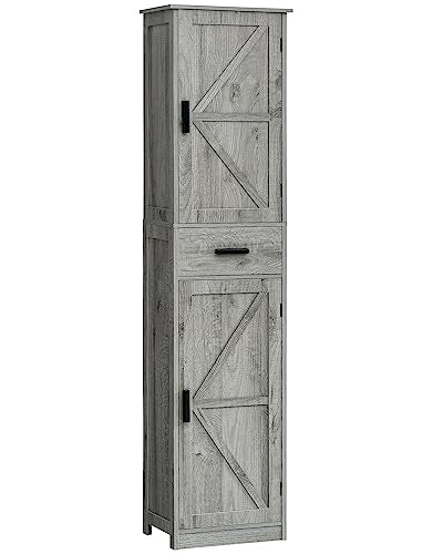 TEENFON Tall Bathroom Cabinet, Storage Cabinet with 6 Shelves & Drawer, Bathroom Storage Cabinet with Adjustable Shelves, Tall Cabinet for Living Room, Home Office, Grey - color: Grey