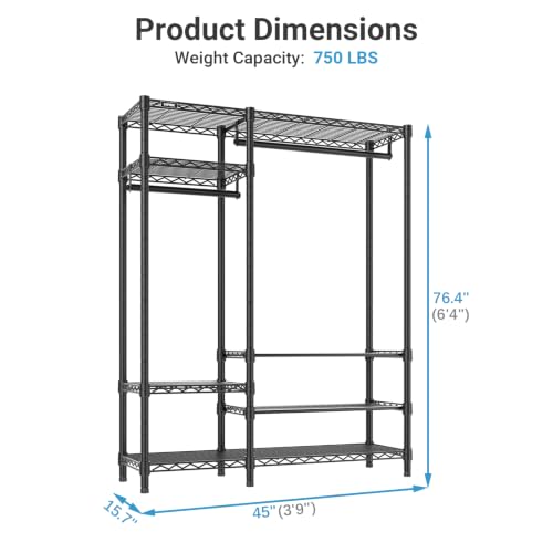 VIPEK V2S Heavy Duty Clothes Rack Portable Closet Organizer, Black | Closet System with 6 Tiers Adjustable Wire Shelves Shoe Shelves Metal Freestanding Clothing Rack for Walk-in Closet 750LBS - color: Black, style: V2S