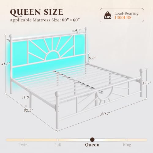 Homkdom Queen Metal Bed Frame with Victorian Headboard & Storage Shelf | Under-Bed Storage for Teens Room & Apartments, Slip Resistant, LED lights, No Box Spring Needed, 1300lbs stability, Black - color: White, size: Queen (U.S. Standard)