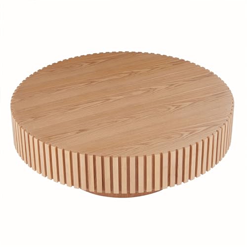 39.37'' Round Coffee Table for Living Room, Modern Wood Nesting Coffee Table Handcraft Circle Fluted Drum Coffee Table, Easy Assembly - color: Oak, size: 39.37"x23.62"x13.42"