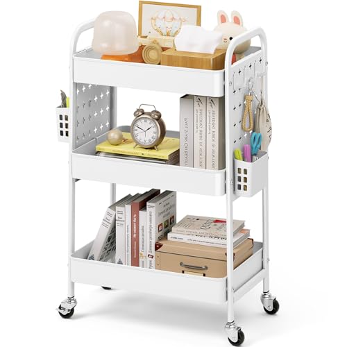 KINGRACK 3 Tier Rolling Cart with DIY Pegboard, Metal Utility Cart with Wheels, Hooks & Baskets, Sturdy Storage Organizer for Craft, Bathroom, Kitchen, Office, Nursery, Classroom (White) - color: Pure White