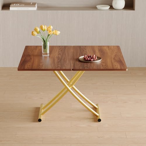 4 in 1 Adjustable Folding Dining Table for 4, Foldable Table for Small Spaces, Coffee Table that Lifts Up to Eat, Scratch-Resistant Wood Grain Top with Metal Frame for Kitchen Living Room - color: Walnut-gold