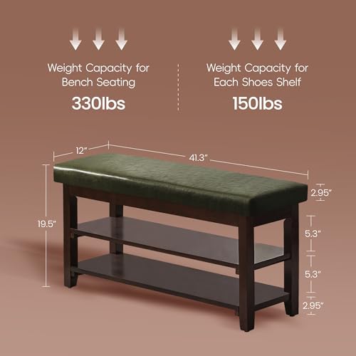 40" Entryway Bench, Shoe Storage Bench, Green | Leather Cushion, Shoe Rack, End of Bed Bench for Front Door Entrance, Mudroom - color: Green