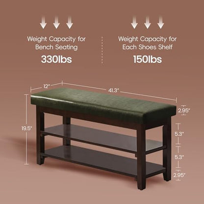 40" Entryway Bench, Shoe Storage Bench, Green | Leather Cushion, Shoe Rack, End of Bed Bench for Front Door Entrance, Mudroom - color: Green