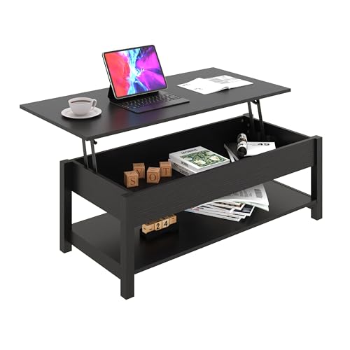 Panana Lift Top Coffee Table with Hidden Compartment and Open Shelf, Lift Tabletop Pop-Up Tea Table for Living Room, 45.28" L, Black - color: Black
