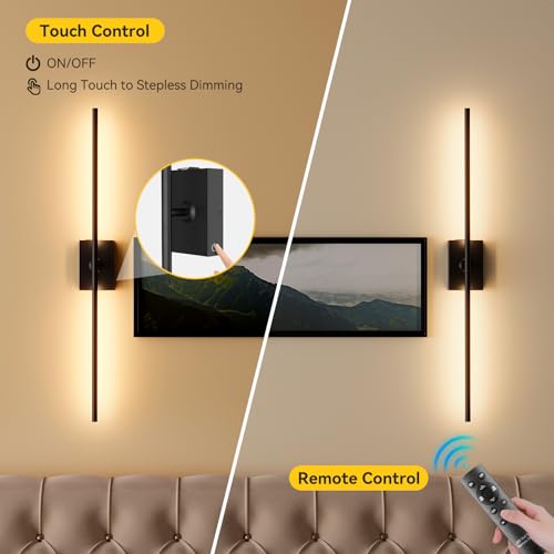 Battery Operated Wall Sconces Set of 2, 10000mAh Wireless Rechargeable 3000-6000K Dimmable 350° Rotate Wall Light with Remote for Living Room, Bedroom 23.6in Black - color: Black, size: 23.6in-Square Base