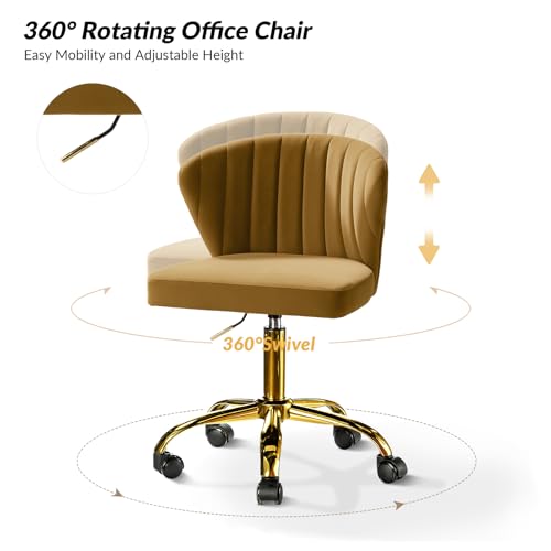 TINA'S HOME Velvet Office Desk Chairs with Wheels & Gold Base, Golden | Modern Velvet Cute Armless Office Chair, Adjustable Low Back Swivel Vanity Chair, Upholstered Task Chair for Living Room - color: Golden