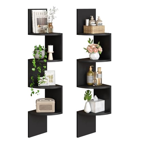 HOOBRO Corner Shelf Wall-Mounted, Set of 2 Floating Corner Shelves for Wall, 4-Tier Corner Bookshelves for Living Room, Bedroom, Bathroom, Home Office, Black BK25BJP201 - color: Black, size: 41.3 Inches