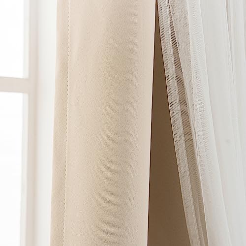 INLINAS Blackout Curtains with Sheer Overlay, Beige, 52x84 Inches | Grommet Top Double Layer Curtains for Bedroom and Living Room Thermal Reduction Light Blocking and Energy Saving, Set of 2 - color: Beige, size: 52"W x 84"L (Pack of 2)