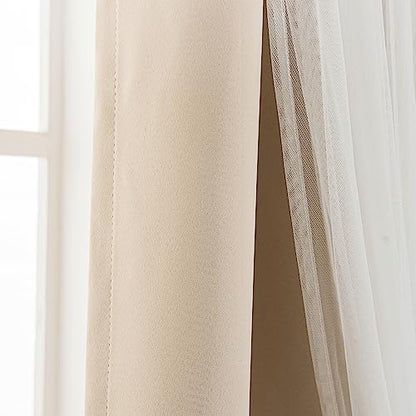INLINAS Blackout Curtains with Sheer Overlay, Beige, 52x63 Inches | Grommet Top Double Layer Curtains for Bedroom and Living Room Thermal Reduction Light Blocking and Energy Saving, Set of 2 - color: Beige, size: 52"W x 63"L (Pack of 2)