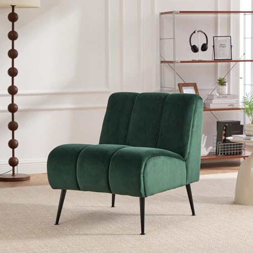 Velvet Slipper Chair, Armless Upholstered Accent Chair with Black Metal Legs, Modern Lounge Chair for Living Room, Bedroom, Office & Reading Nook (Green+Metal) - color: Green+metal